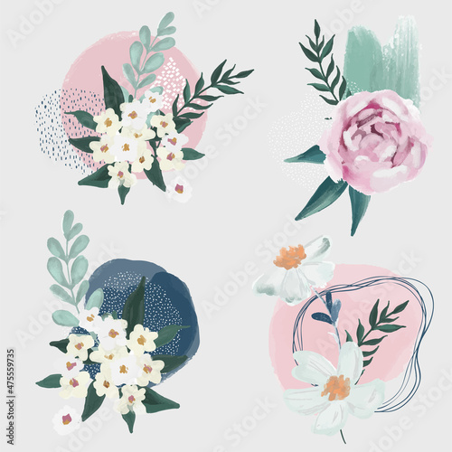 Set of 4 floral compositions with abstract element