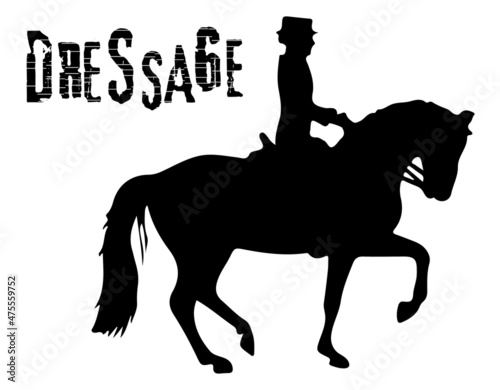 Black and white vector flat illustration: elegant dressage horse and rider silhouette