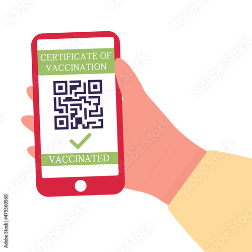 Certificate of vaccination with a QR code on the smartphone screen. Vector illustration in a flat style