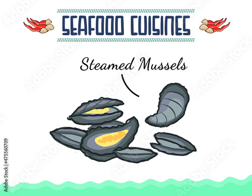 Hand drawn marine mollusks seafood cuisine. Menu, recipes template with realistic seafood elements. Vintage clams, oysters, cockles, mussels top view sketches.
