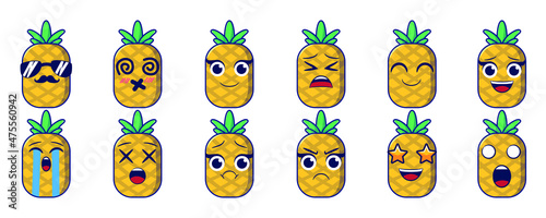 pineapple vector with 12 sets of emoticons