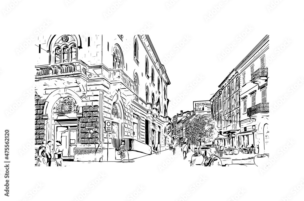 Building view with landmark of Lodi is the 
city in California. Hand drawn sketch illustration in vector.