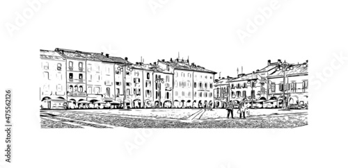 Building view with landmark of Lodi is the 
city in California. Hand drawn sketch illustration in vector.