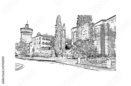 Building view with landmark of Lodi is the city in California. Hand drawn sketch illustration in vector.