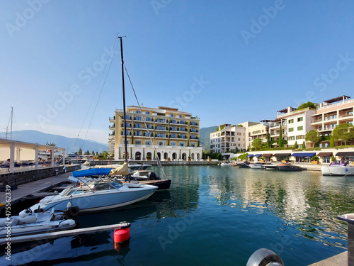 promenade street on seafront of Porto Montenegro, the famous port in the city of Tivat, the capital of Montenegro, Europe