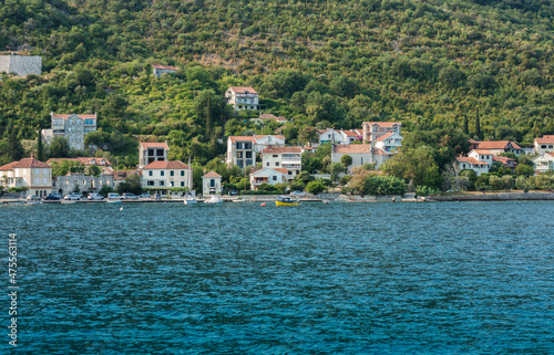 Bay of Kotor, view from the sea to the old town of Herceg Novi in Montenegro, Europe, Adriatic Sea and mountains