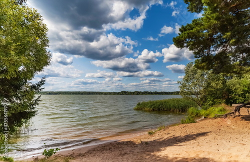 Fototapeta Naklejka Na Ścianę i Meble -  Summer landscape with river, sandy shore, trees, grass and sky with clouds