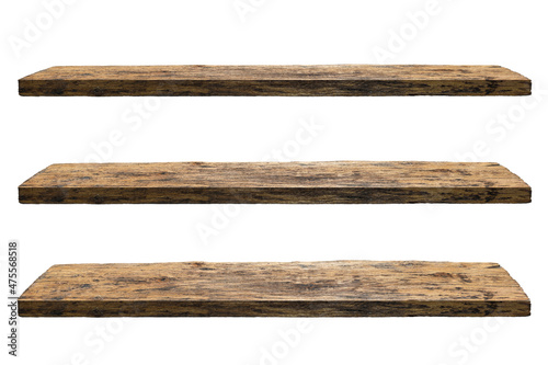 Wooden shelves isolated on white. Rustic rough wooden plank with nature color