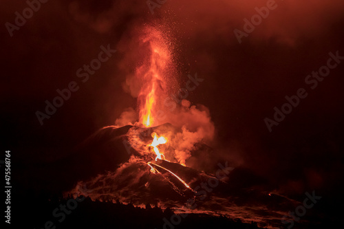 Erupting volcano, cumbre vieja, la Palma at night in December