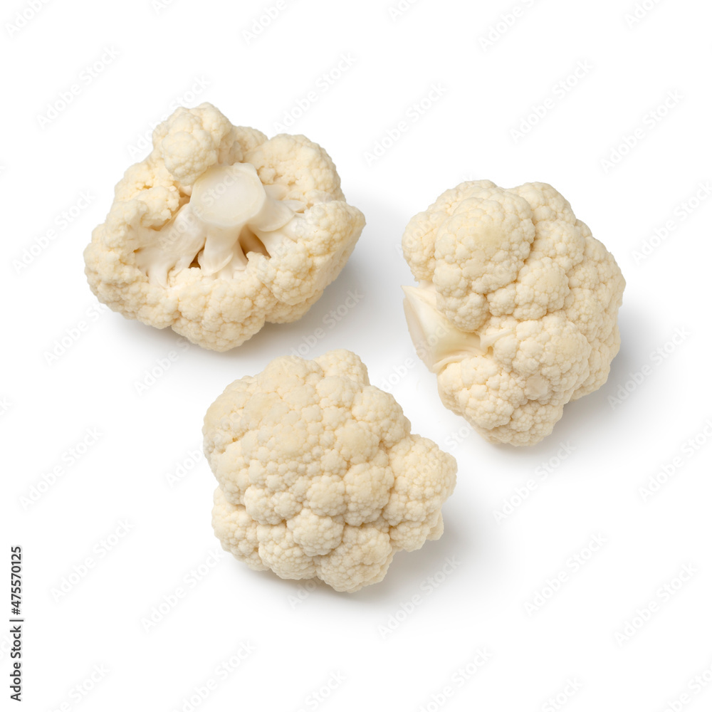 Fresh pieces raw cauliflower isolated on white background Fresh pieces raw cauliflower isolated on white background