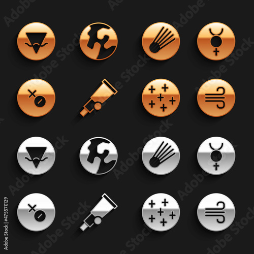 Set Telescope, Symbol Mercury, Windy weather, Full moon, Venus symbol, Comet, Earth element and globe icon. Vector