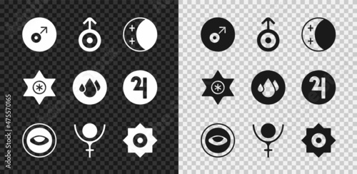 Set Mars symbol, Symbol Uranus, Eclipse of the sun, Medallion with eye, Pluto, Falling star, and Water drop icon. Vector