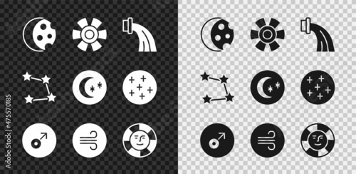 Set Eclipse of the sun, Sun, Aquarius zodiac, Mars symbol, Windy weather, Star constellation and Moon and stars icon. Vector