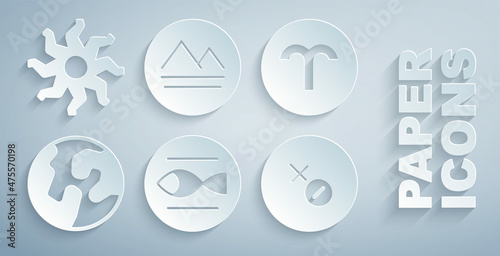 Set Pisces zodiac, Aries, Earth globe, Venus symbol, element and Sun icon. Vector