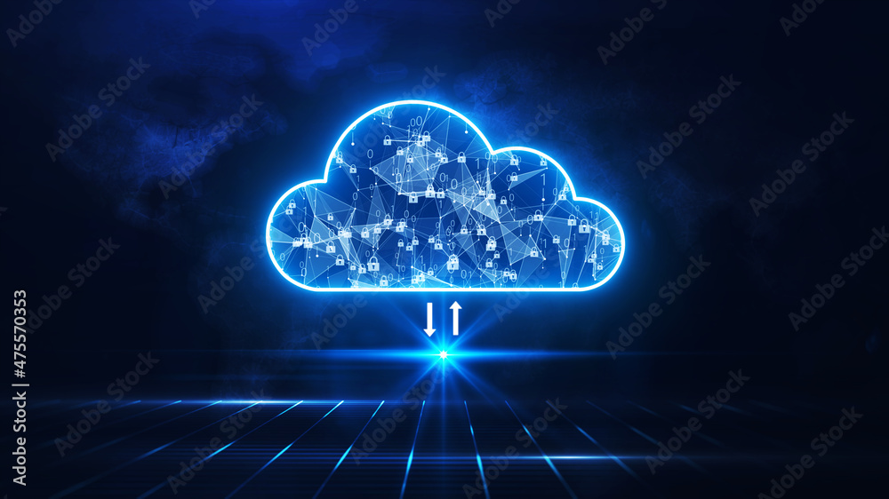 Cloud computing. A large geometric cloud stands out in the center. Shows the connection of polyhedrons and small padlocks inside. Below is the grid behind the abstract world map. dark blue background. - obrazy, fototapety, plakaty 