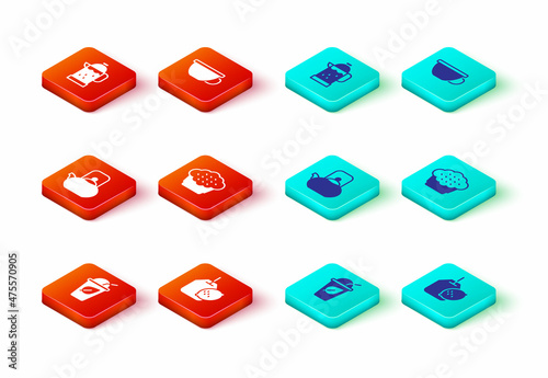 Set Cup of tea with leaf, Tea bag lemon, Kettle handle, Muffin, and French press icon. Vector