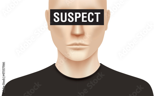 A suspected person with a SUSPECT text black bar covering his face, isolated on white background. Criminal man portrait vector illustration.