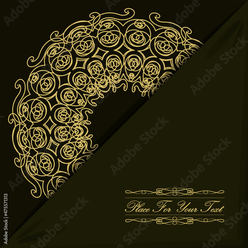 Envelope with decorative design for postcards, invitations, greetings, business cards, brochures and more. Gold ornament, mandala on a khaki background. Vector illustration