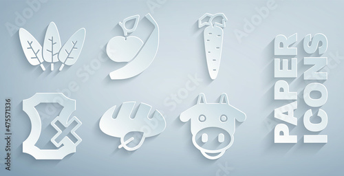 Set Vegan bread loaf, Carrot, No leather, Cow head, Apple and banana and Leaf icon. Vector