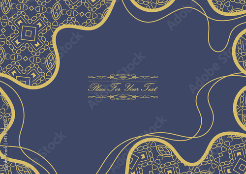 Original background with a gold turkish ornament on a blue field. In the middle - a platform for placing text. Background, template, greeting card, invitation, banner. Vector illustration