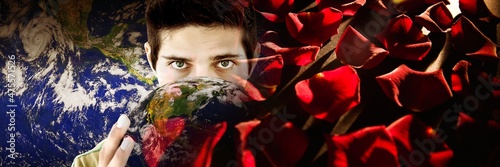 Composite image of portrait of man holding a globe and rose petals