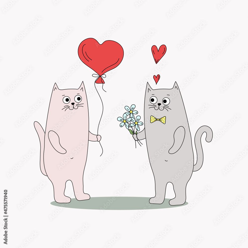 Couple of cartoon cats with balloons and flowers, hearts and a box with a gift. Valentine's day, holiday. Enamored cats. Vector illustration with isolated background. Couple of cartoon cats with balloons and flowers, hearts and a box with a gift. Valentine's day, holiday. Enamored cats. Vector illustration with isolated background.