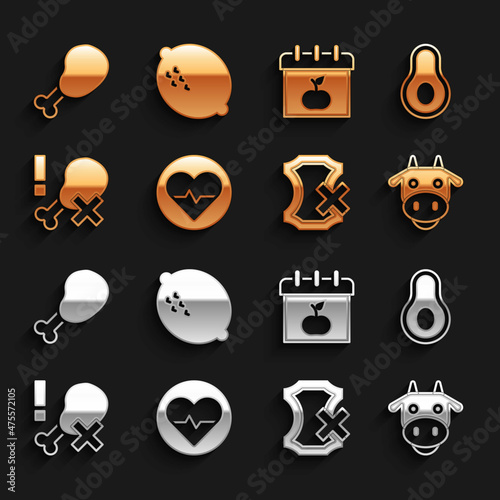 Set Heart rate, Avocado fruit, Cow head, No leather, chicken leg, World Vegetarian day, Chicken and Lemon icon. Vector