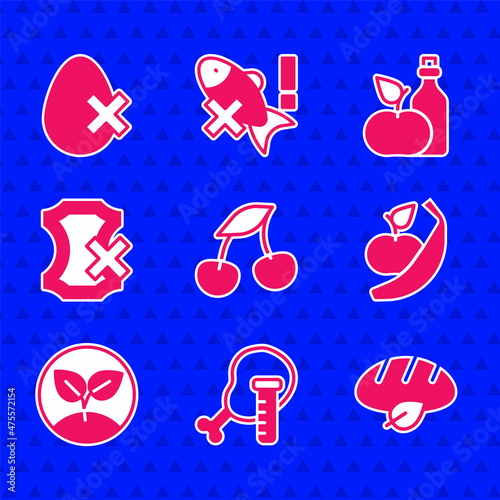 Set Fresh berries, Genetically modified chicken, Vegan bread loaf, Apple and banana, Sprout, No leather, cider vinegar in bottle and egg icon. Vector