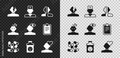 Set Solution problem in psychology, Male doctor, Bipolar disorder, Medicine pill tablet, Antidepressants, Broken heart divorce, Dreams and icon. Vector