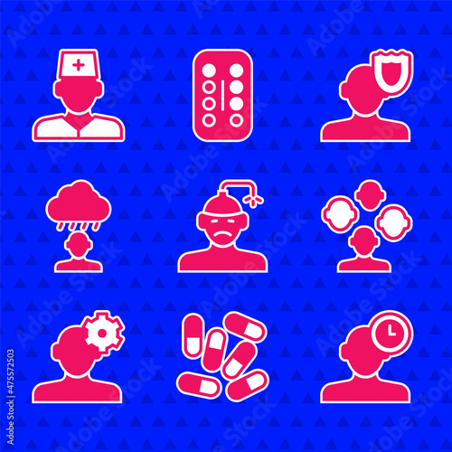 Set Concussion, headache, Medicine pill or tablet, Insomnia, Schizophrenia, Solution problem psychology, Depression and frustration, Psychology and Male doctor icon. Vector