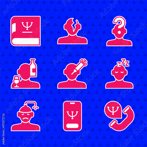 Set Addiction to the drug, Online psychological counseling, Dreams, Concussion, headache, Alcoholism, Human with question mark and Psychology book icon. Vector