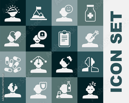 Set Dreams, Bipolar disorder, Addiction to the drug, Good mood, Male doctor, Broken heart divorce, Concussion, headache and Psychological test icon. Vector