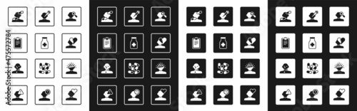 Set Finding a problem in psychology, Sedative pills, Psychological test, Broken heart or divorce, Addiction to the drug, Concussion, headache and Tear cry eye icon. Vector
