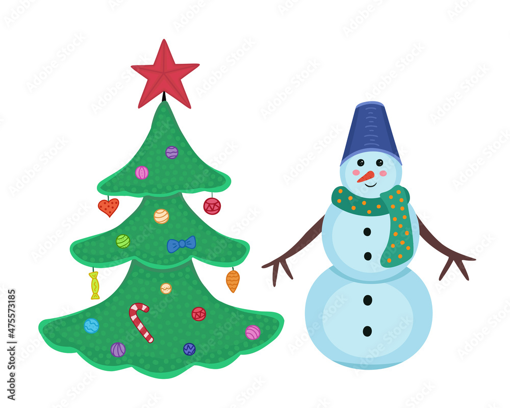 Christmas tree, snowman. Vector Illustration for printing, backgrounds, covers, packaging, greeting cards, posters, stickers, textile, seasonal design. Isolated on white background. Christmas tree, snowman. Vector Illustration for printing, backgrounds, covers, packaging, greeting cards, posters, stickers, textile, seasonal design. Isolated on white background.