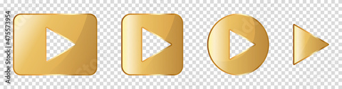 Gold play buttons set. Vector illustration isolated on transparent background