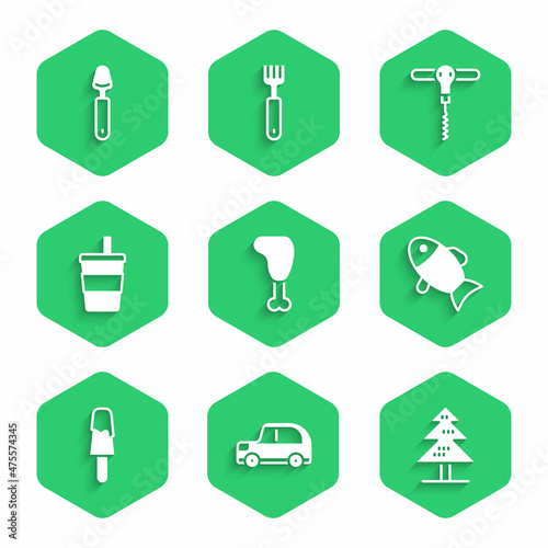 Set Chicken leg, Car, Tree, Fish, Ice cream, Paper glass with water, Wine corkscrew and Spoon icon. Vector