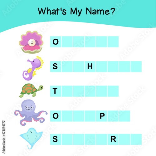 Whats my name worksheet. Cute Animal vector with guessing their name Worksheet. Educational activity for preschool kids. Preschool Education. Vector illustration.