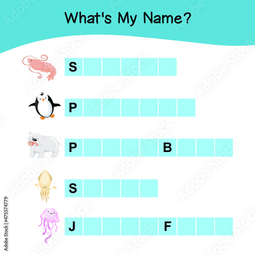 Whats my name worksheet. Cute Animal vector with guessing their name Worksheet. Educational activity for preschool kids. Preschool Education. Vector illustration.