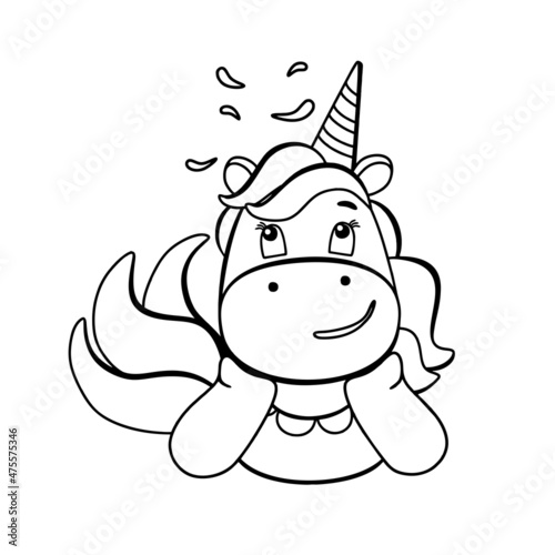 Funny unicorn coloring book. Cute thoughtful cartoon pony character in black and white style. For postcards, posters, book illustrations. Vector illustration in doodle style.