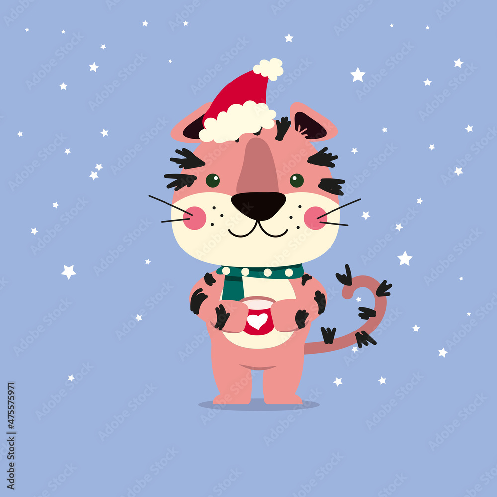 Naklejka premium Pink tiger with a red Christmas hat, green scarf and a cup of milk (cocoa) in flat style