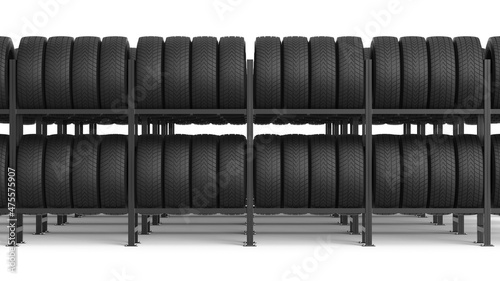 Car tires on rack. Car tires on rack. 3d illustration.