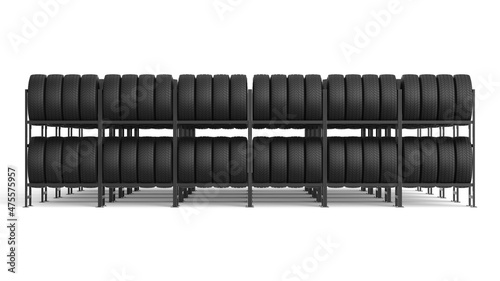 Car tires on rack. Car tires on rack. 3d illustration.