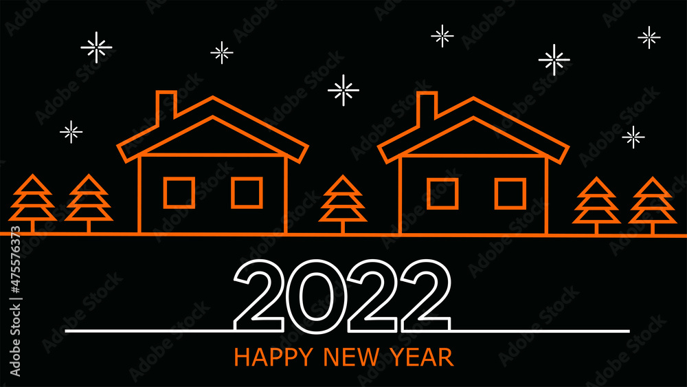 Black architectural cartoon vector background with cottages and christmas trees, new year 2022 greeting card