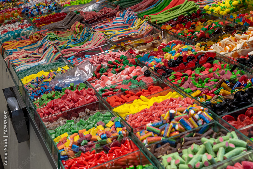 Assorted colorful candy at Mahane Yehuda Market in Jerusalem, Israel.
