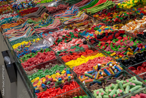 Assorted colorful candy at Mahane Yehuda Market in Jerusalem, Israel. 