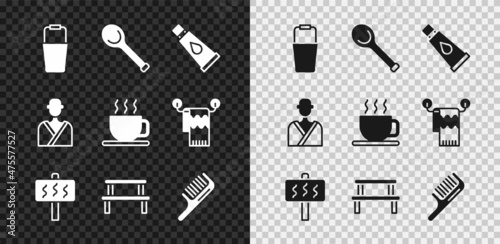 Set Sauna bucket, ladle, Cream or lotion cosmetic tube, wood bench, Hairbrush, Man in the sauna and Cup of tea icon. Vector