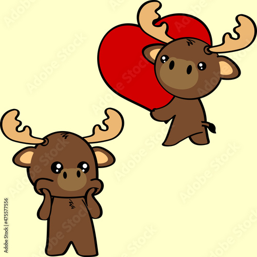 cute kawaii moose character cartoon valentine´s day set illustration in vector format