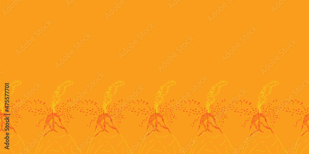 Volcano repeat orange background print design. Fun vector illustration. Surface border design for kids adventures. Volcano repeat orange background print design. Fun vector illustration. Surface border design for kids adventures.