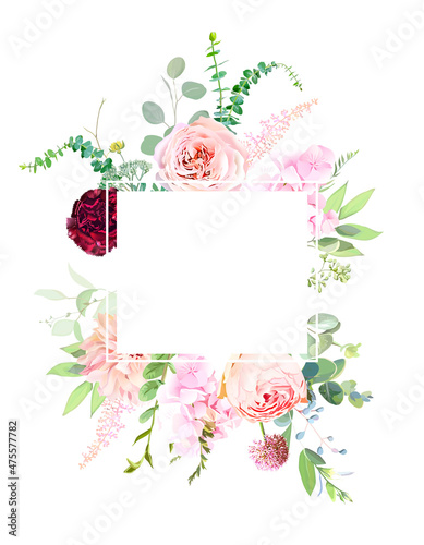 Pink garden roses, ranunculus, carnation, allium, dahlia flowers vector design frame