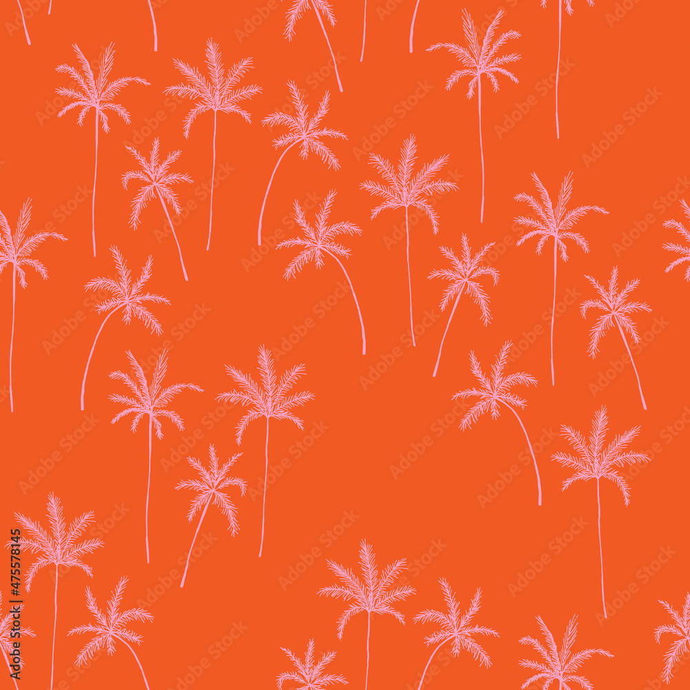 Handmade palm tree illustrations in pink over dark orange background. Vector illustration. Cute ditsy scattered surface design for summer days, adventure and fun times.